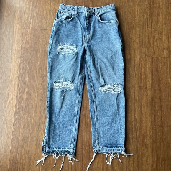 Free People Women’s 27 Denim Jeans Lita Straight Leg Fray Distressed Ripped - Picture 2 of 16